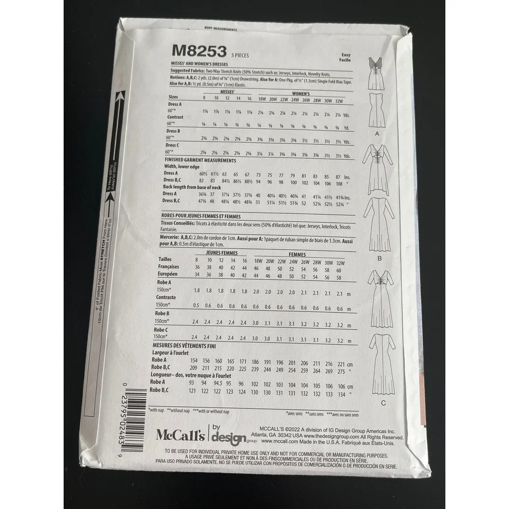 00516‎ - McCalls M8253 Level 2 Learn to Sew Dress Size RR 18W-24W Sewing Pattern